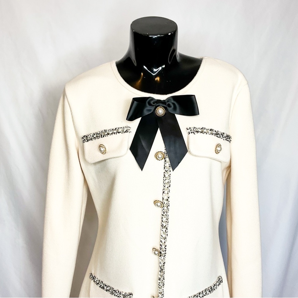 Elegant Cream Dress with Black Bow & pearl details - Picture 1 of 11